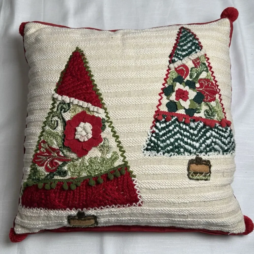 Holiday Embellished Christmas Tree Decorative Throw Pillow Zip Cover 16”x16”